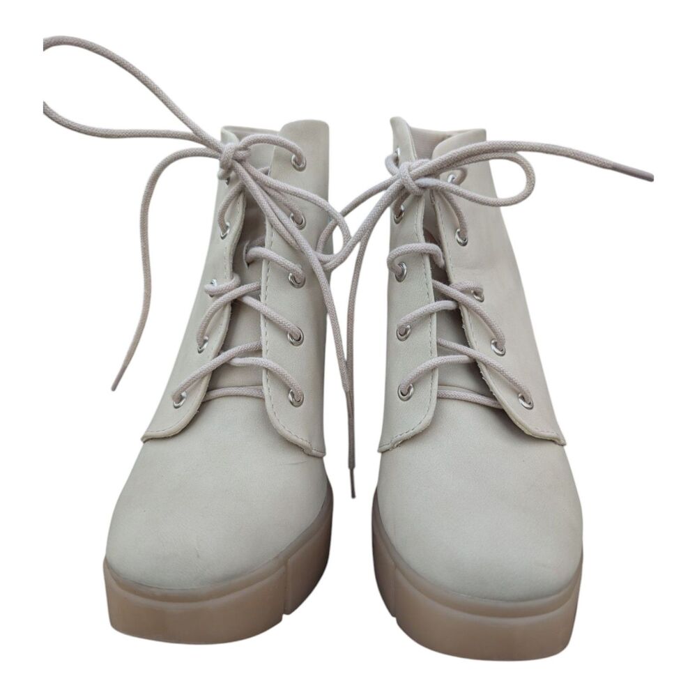 Y-NOT ? Boots Womens 6.5M High Heels Ankle Booties Ivory Faux Leather Lace Up - Picture 4 of 11